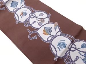 型染組紐丸文に鈴・糸巻き・灯籠模様名古屋帯